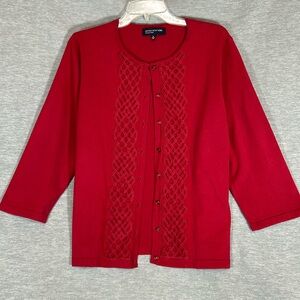 JONES NEW YORK Holiday Christmas Valentine Lattice 3/4 Sleeves Pearlized Buttons